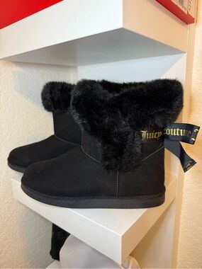Juicy Couture Black Faux Fur Ribbon Cuff Booties